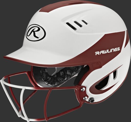 A white/cardinal R16H2FGS Velo senior batting helmet with a white/cardinal facemask