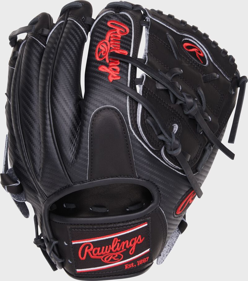 Black back of a Heart of the Hide Hyper Shell 11.75" infield/pitcher's glove with a black Rawlings patch