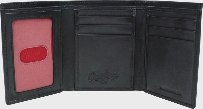 Inside of a black RW80003-001 Rawlings tri-fold wallet with 6 credit card slots and clear ID window on the left