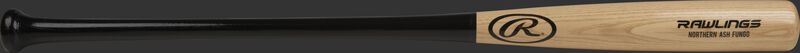 Barrel of a 114RAF Northern Ash fungo bat with a natural color barrel and black handle