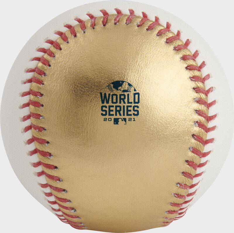 2021 World Series logo on the gold side of a dueling World Series baseball - SKU: RSGEA-WSBB21DL-R