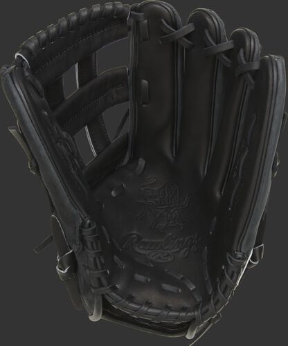 Black palm of a Rawlings Gameday 57 Series Cody Bellinger glove with a black web and black laces - SKU: PRO442-CB35
