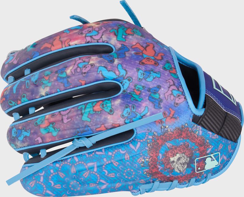 Grateful Dead design back of a Rawlings x Grateful Dead REV1X infield glove