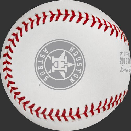 Houston Astros logo stamped on a ALCS19CHMP 2019 American League Champions commemorative baseball