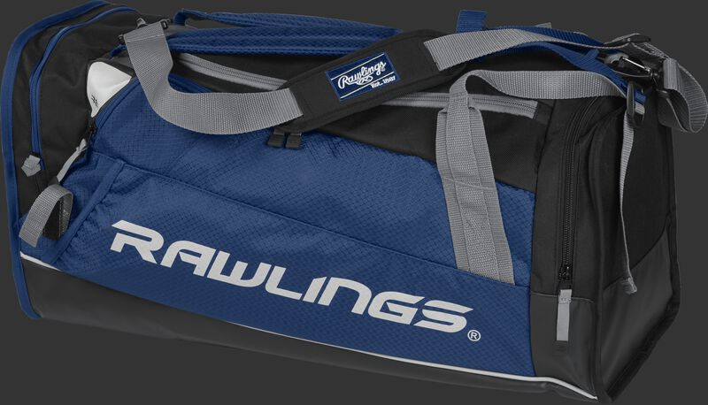 Side angle view of a navy R601 Rawlings Hybrid duffel backpack