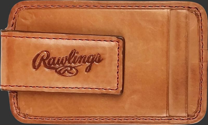 An embossed Rawlings logo on the clip of a tan MW494-204 leather money clip with two additional credit card slots
