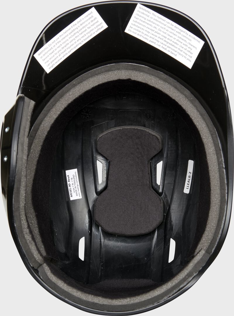 Inside padding of a black Rawlings Mach single ear helmet - SKU: MSE01A-LHB