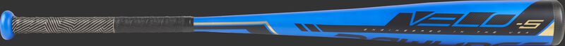 Blue barrel of a US9V5 2019 Velo USA baseball bat with black accents and black/gold grip