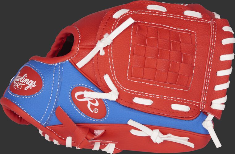 PL91SR Players Series 9-inch tee ball glove with a royal/scarlet thumb and a scarlet Basket web