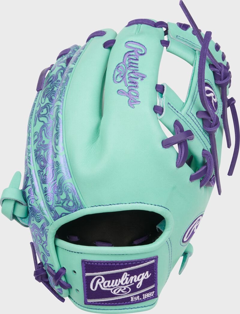 Back of a Heart of the Hide 11.5-Inch Mint Infield Glove with a purple Rawlings patch