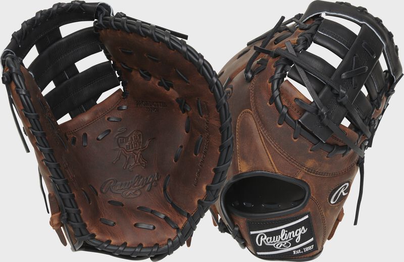 2 views showing the back/palm of a timberglaze exclusive Heart of the Hide R2G 13" first base mitt - SKU: RSGRPRORDCTTIB