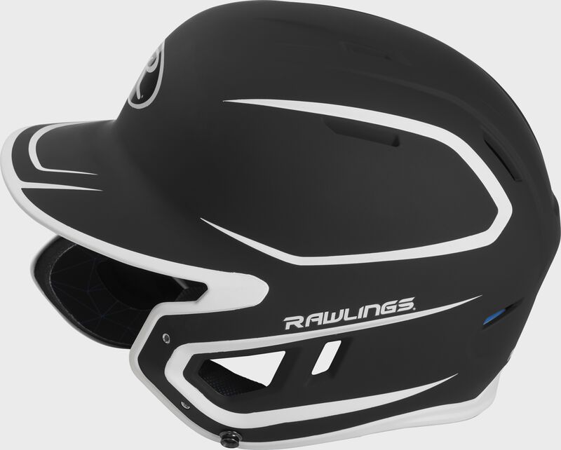 Left side of a MACHEXTR junior Rawlings batting helmet with a two-tone matte black/white shell loading=