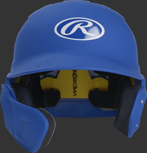 Front of a matte royal MACHEXTL junior size Mach batting helmet with face guard extension for left hand batters