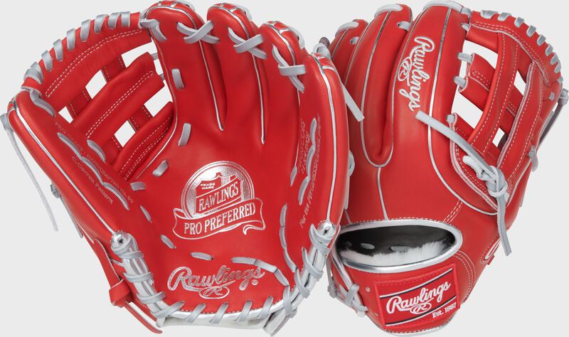 Two images showing the palm & back of a scarlet Carlos Correa Pro Preferred 11.75-Inch Infield Glove