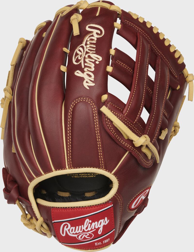 Back of a sherry Sandlot Series 12.75-Inch H-web glove with a red Rawlings patch - SKU: S1275HS loading=