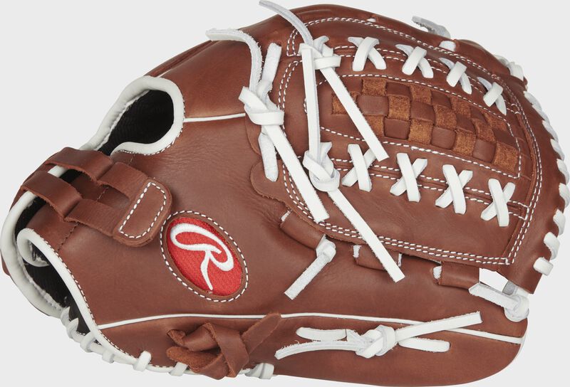 Thumb view of a brown R9SB120FS-18DB R9 Series 12-inch fastpitch glove with a brown Double-Laced Basket web loading=