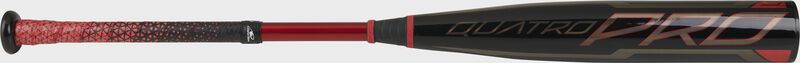 A black and red 2021 Quatro Pro BBCOR -3 Bat with a Lizard Skins grip - SKU: BB1Q3