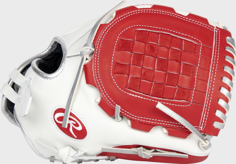 Thumb of a white/scarlet 2022 Liberty Advanced Color Series 12-Inch infield/pitcher's glove with a scarlet basket web - SKU: RLA120-3WSP loading=