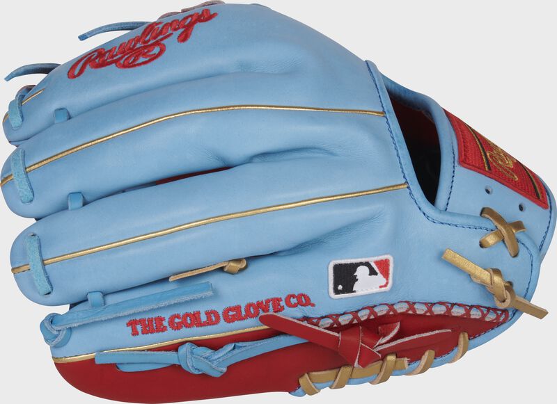 Columbia blue back of a HOH ColorSync 6.0 11.5-inch infield glove with the MLB logo on the pinky - SKU: PRO204-2SCB