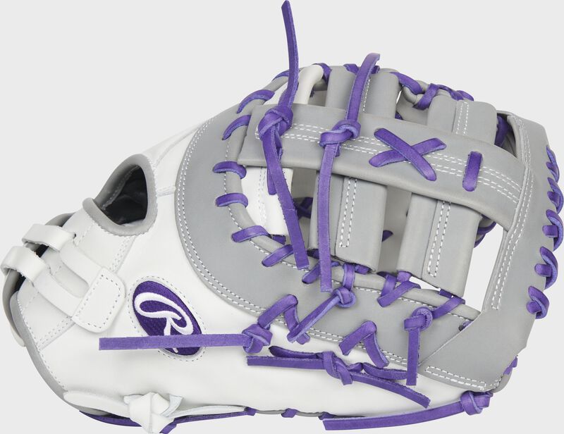 Thumb of a white/gray Liberty Advanced Color Series 13-inch first base mitt with a gray web and purple laces - SKU: RLADCTSBWPG
