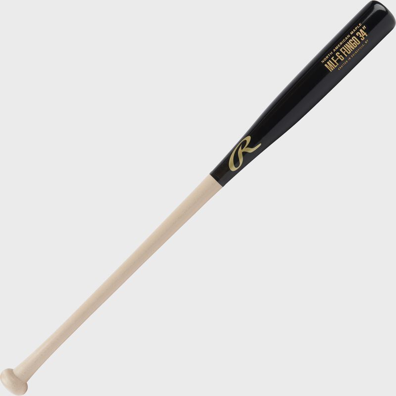 Angled view of a 34" Rawlings Maple fungo bat with a natural handle and black barrel - SKU: MLF5-NA-B-34 loading=