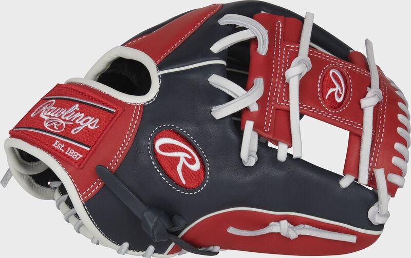 Web back view of black, red, and white 2022 Breakout 11.5-inch infield glove