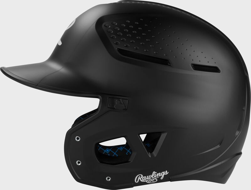 Left side of a black Rawlings RX2 batting helmet