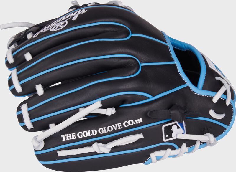 Black back of a NXT Series 11.5" infield glove with the MLB logo on the pinky