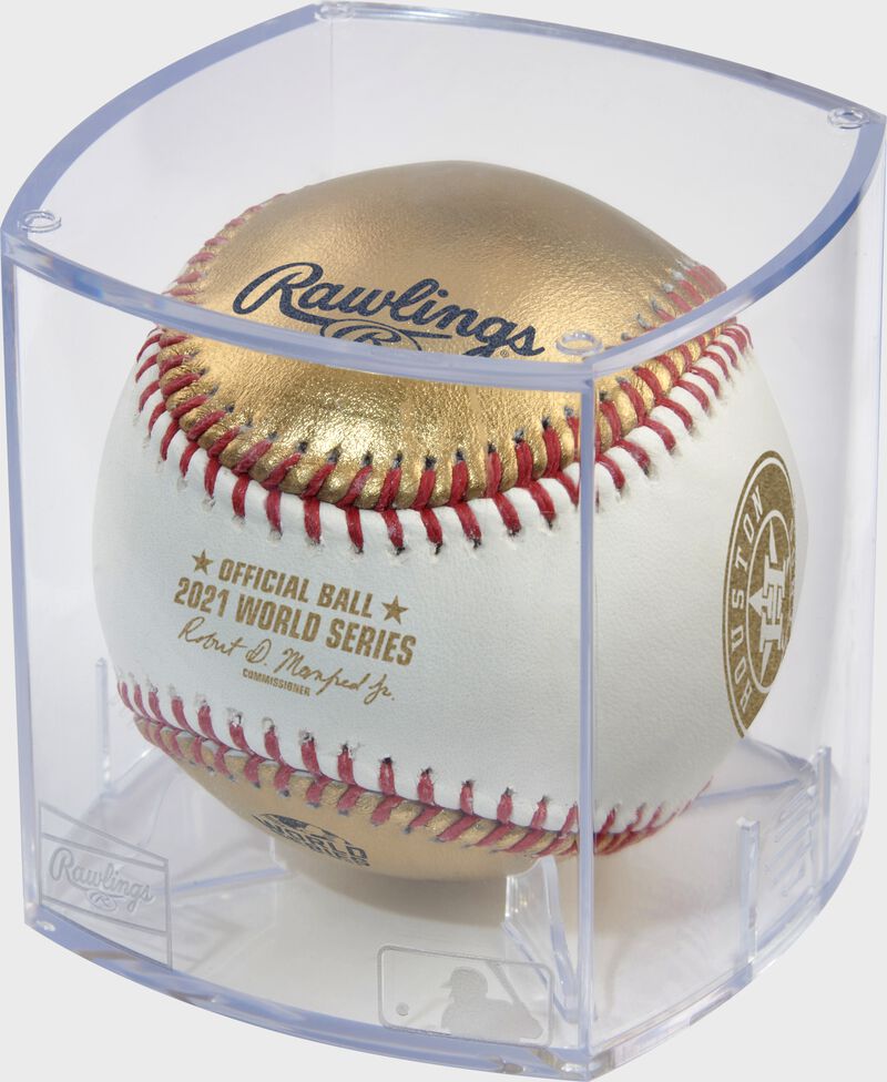 A 2021 gold World Series dueling baseball in a clear display cube - SKU: RSGEA-WSBB21DL-R