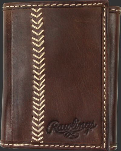 A brown MW478-200 Baseball Stitch tri-fold wallet folded close with tan stitching on the left and embossed Rawlings logo