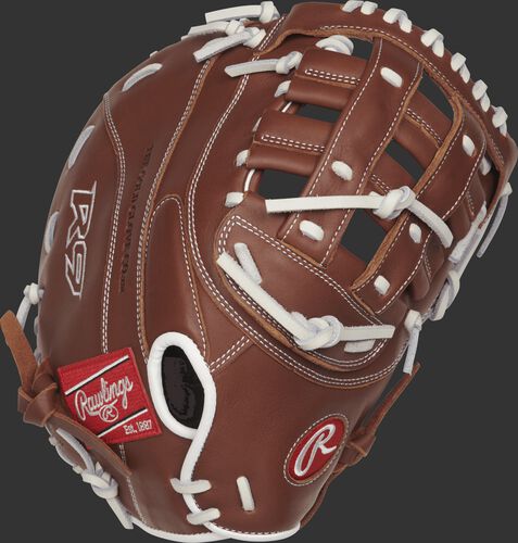 R9SBFBM-17DB 12.5-inch R9 Series first base softball mitt with a brown back and Overlapping Fastback design