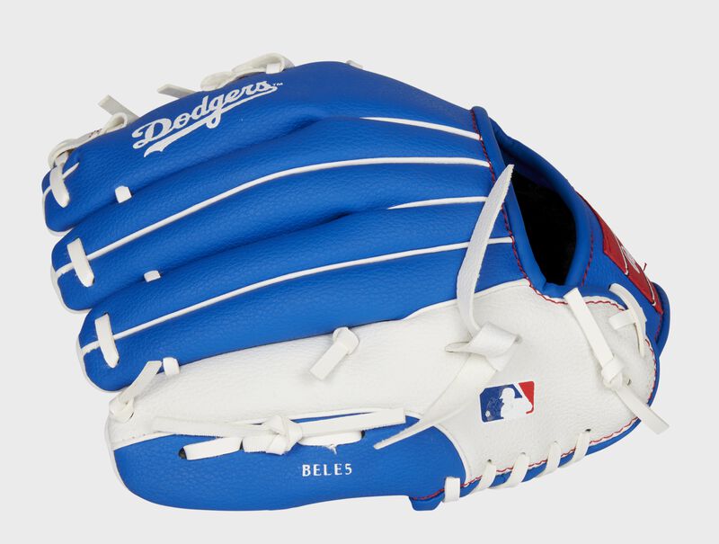 Back of a blue/white LA Dodgers youth infield glove with the MLB logo on the pinky - SKU: 22000011111