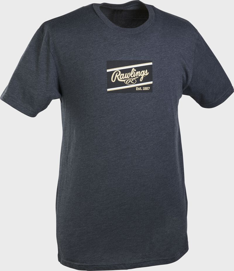 A charcoal Rawlings ColorSync patch short sleeve shirt with a navy/gold patch on the chest loading=