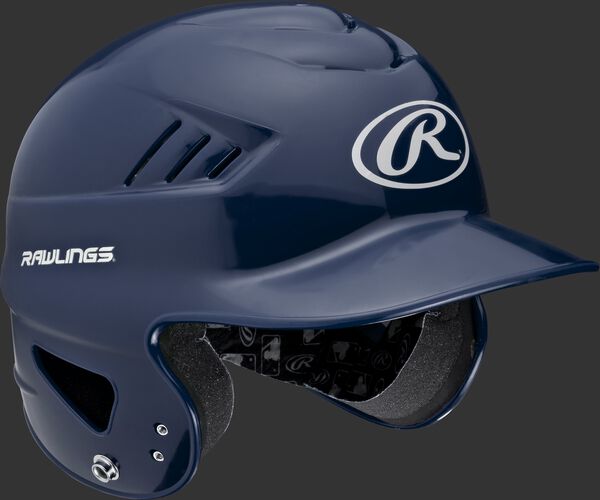 Right anlge of a navy RCFTB Rawlings t-ball helmet with Coolflo vents