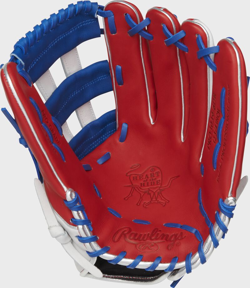 PRO3039-6DR Rawlings Heart of the Hide Dominican Republic outfield glove with a scarlet palm, white/royal web and royal laces