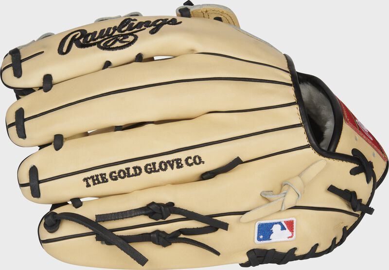 Camel back of a Pro Preferred outfield glove with the MLB logo on the pinky - SKU: PROS303-6KCPRO