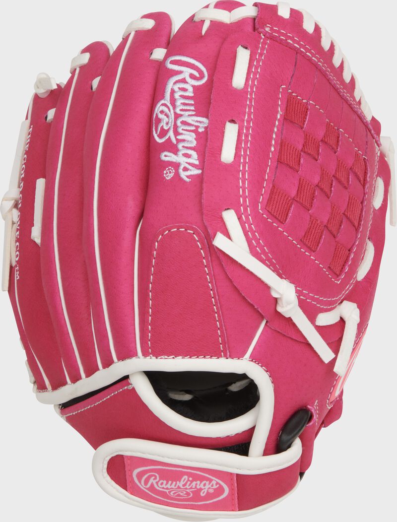 Back of a pink/white Sure Catch Softball 10-inch Youth Softball Glove
