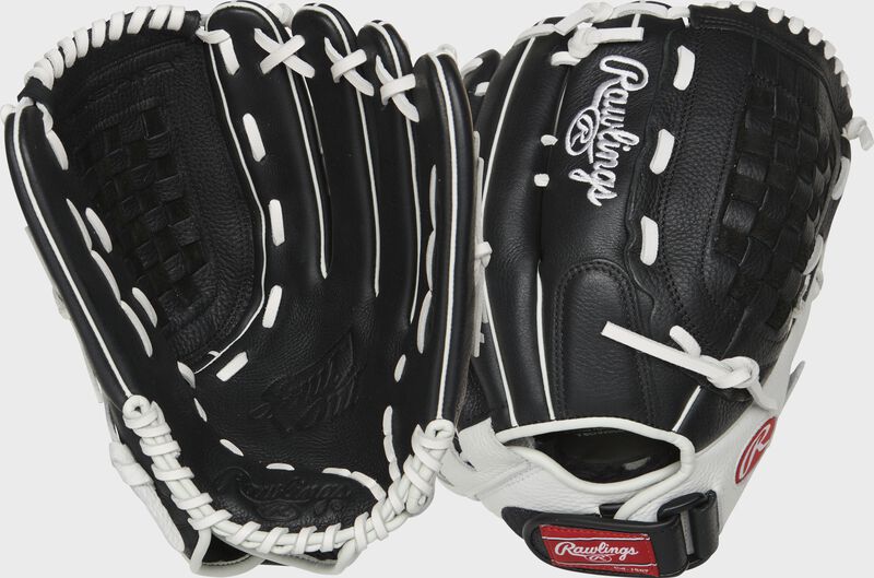 Two images showing the palm & back of a black/white Shut Out 13" softball glove
