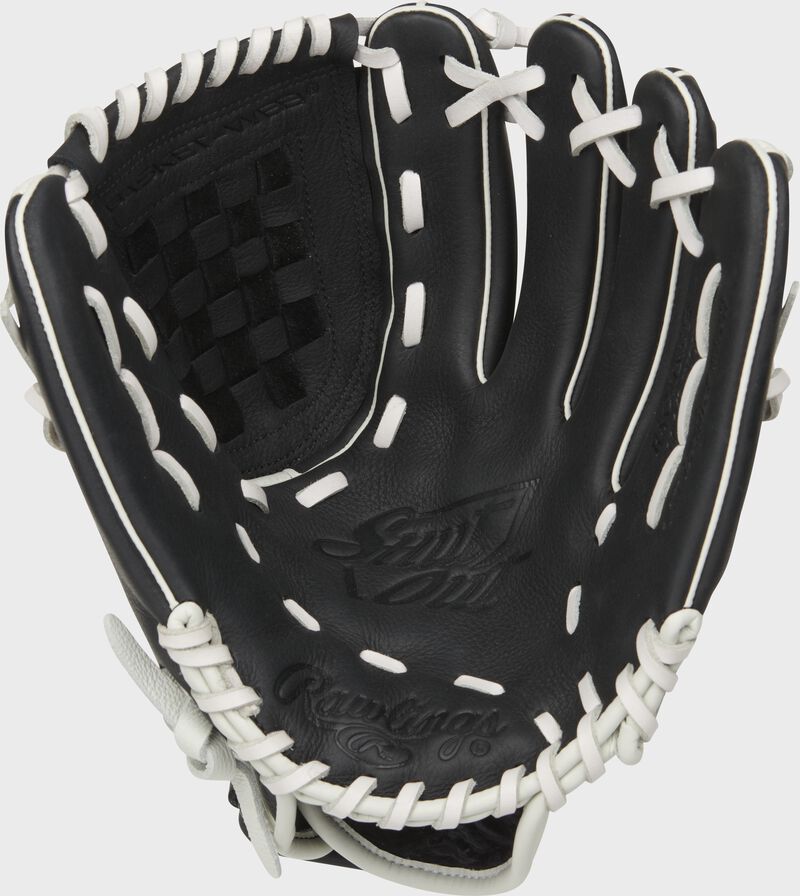 Black palm of a Rawlings Shut Out 11.5" infield/pitcher's glove with white laces loading=