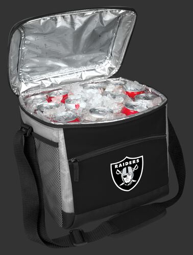 An open Las Vegas Raiders 24 can cooler filled with ice and drinks - SKU: 10211072111
