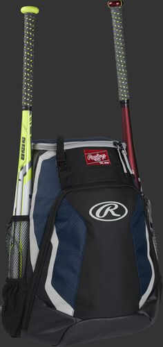 Right side of a black/navy R500 Rawlings baseball backpack with a white bat in the bat sleeve
