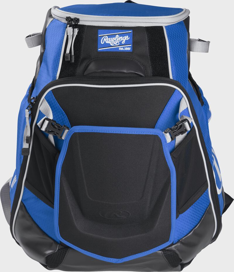 Front of a royal VELOBK Velo backpack with royal trim and a royal Rawlings patch