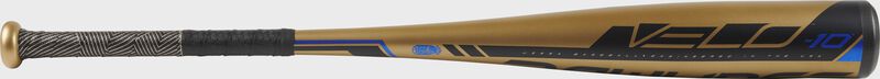Barrel view of a UT9V10 2019 Velo USSSA baseball bat with a bold barrel and gold/black grip