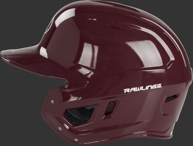 Left side ear flap of a maroon MCH01A Mach baseball batting helmet