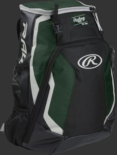 Right side of a black/dark green R500 Rawlings Players equipment backpack with white trim