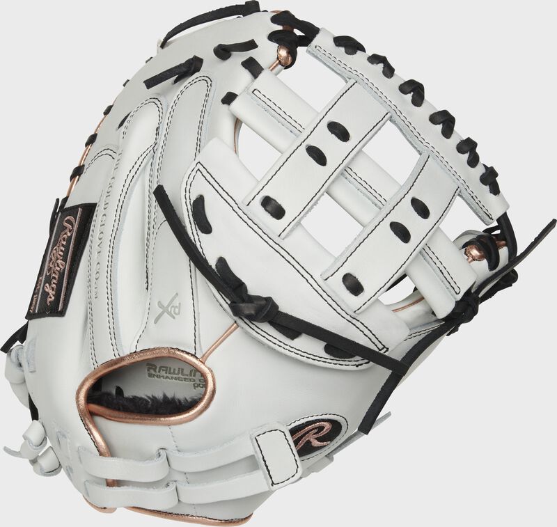 RLACM33FPRG 33-inch Liberty Advanced catcher's mitt with a white back, rose gold binding/welting and adjustable pull strap