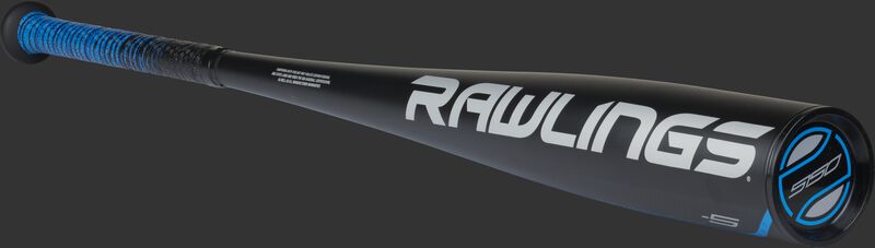 White Rawlings logo on the barrel of a black 5150 -5 youth baseball bat with a black end cap - SKU: US155
