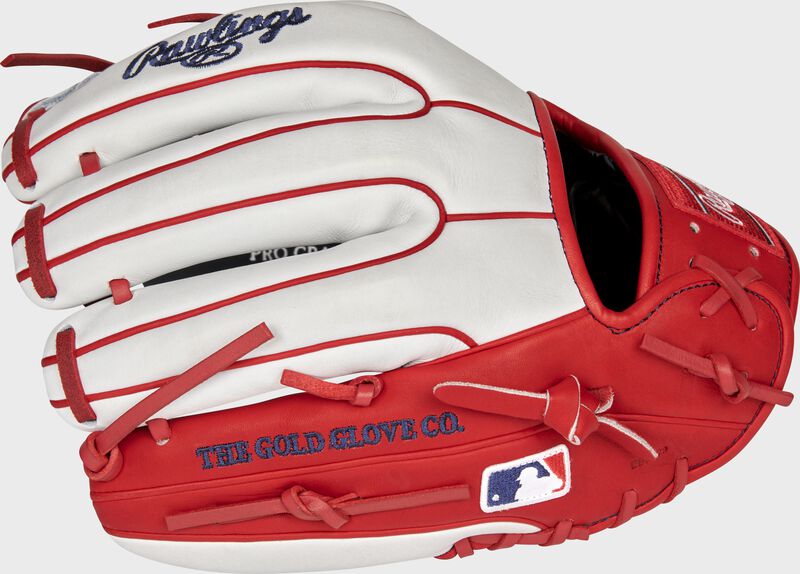 Pinky back view of scarlet and white 2021 Washington Nationals Heart of the Hide glove