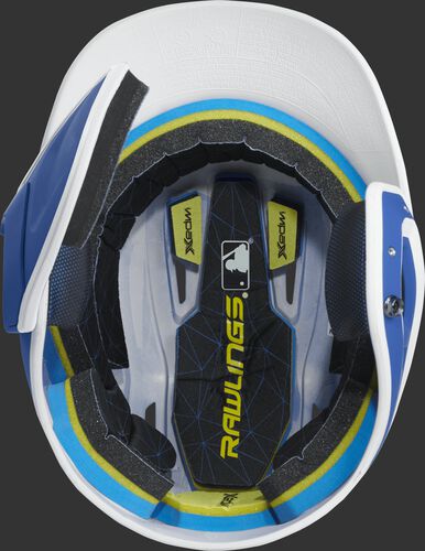 Inside of a MACHEXTR Rawlings MACH baseball helmet with IMPAX durable foam padding