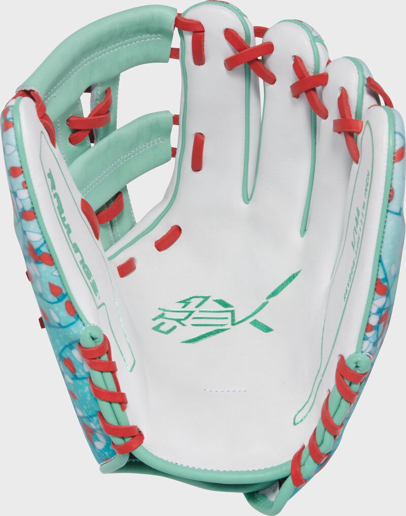 White palm of a Rawlings REV1X 11.75" Holiday Lights infield glove with mint stamping